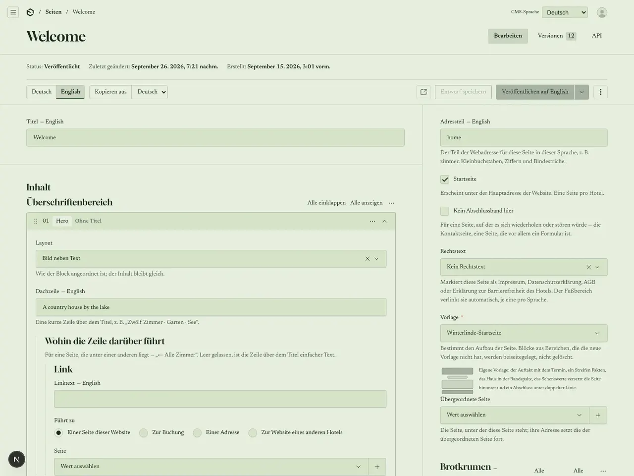 Das CMS des Landhaus Winterlinde: die Startseite wird bearbeitet, mit ihren Blöcken und Sprachen.