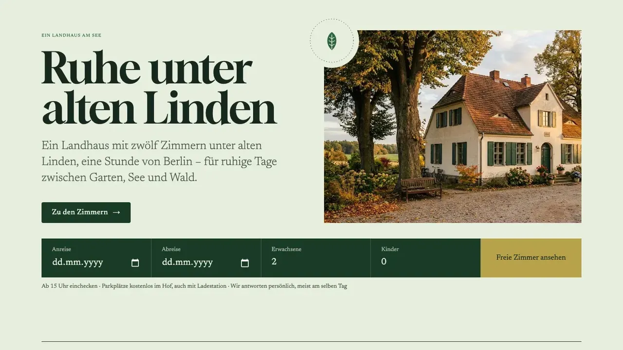Startseite des Beispielhotels Landhaus Winterlinde: große Serifenschrift auf hellem Grün, ein Landhaus unter Linden.